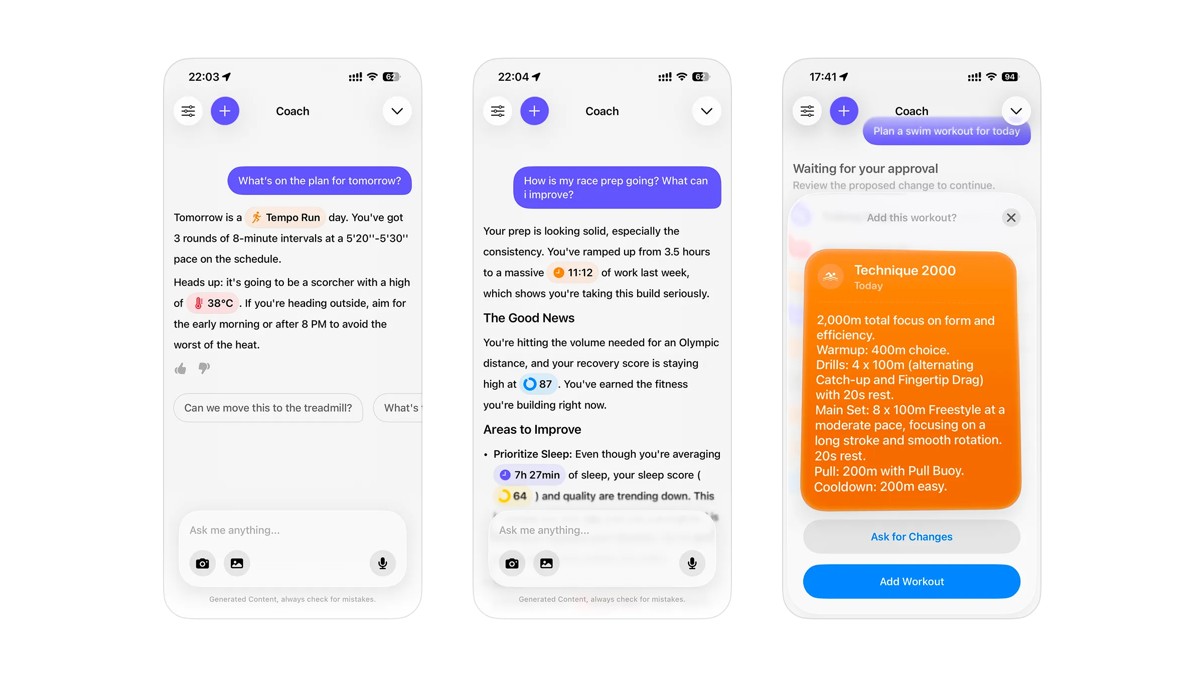 The coach in conversation, referencing recovery score, sleep, and training load with inline reference chips, answering questions about tomorrow's plan and race prep