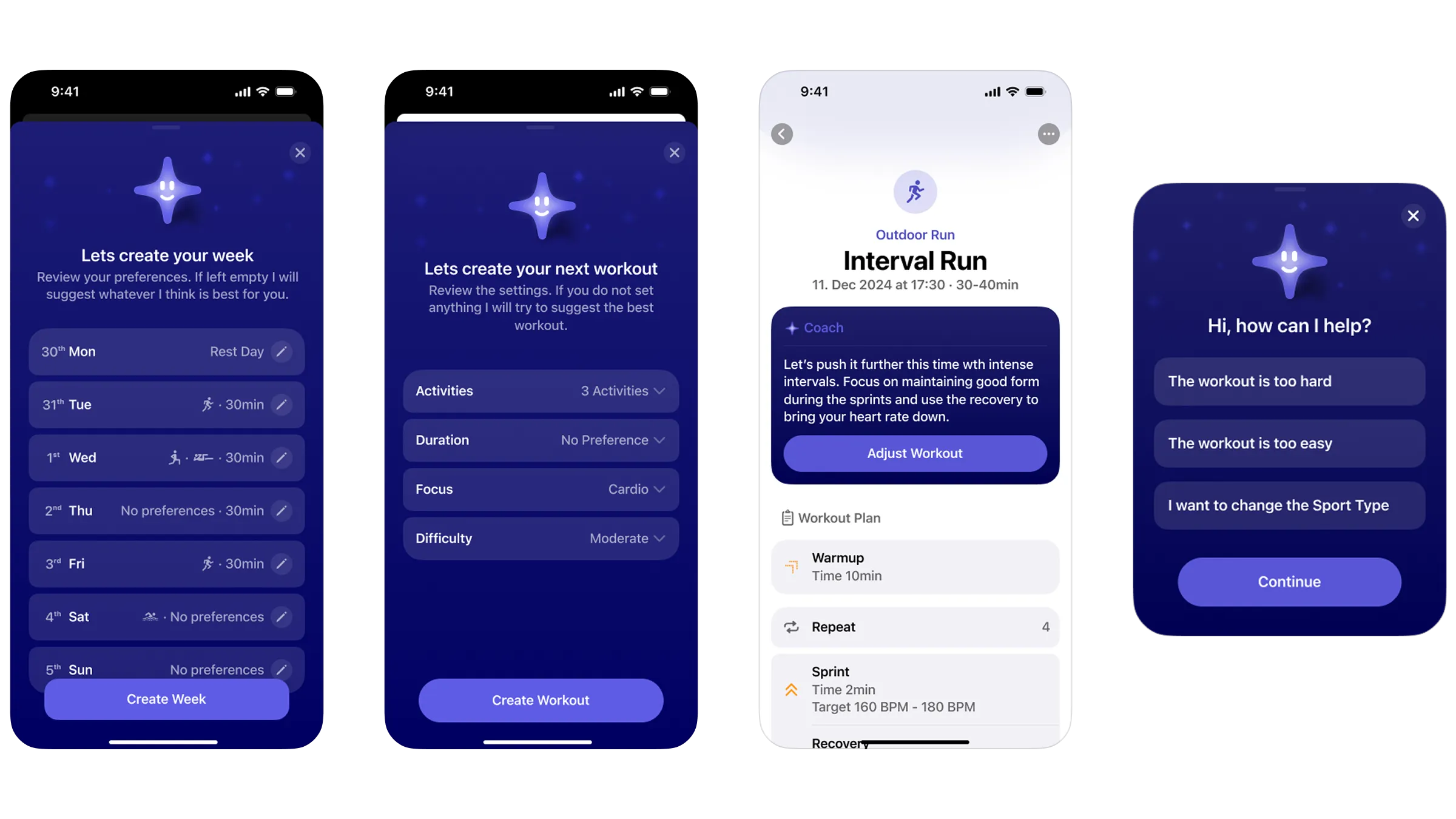 The original button-based coach: adjusting a generated workout, and the settings flow for picking sport, duration, focus, and difficulty before generating