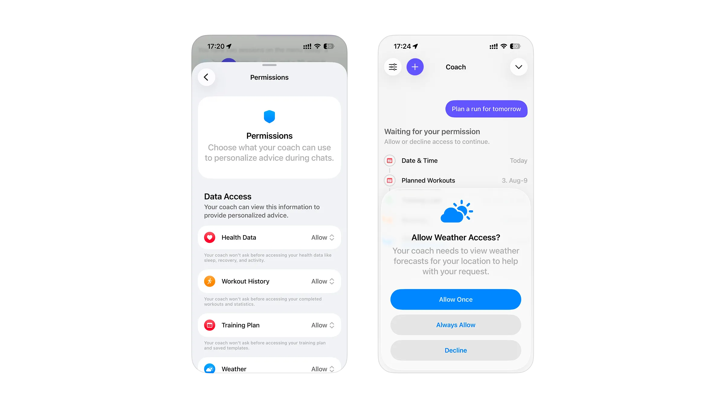 The coach's permissions screen with per-category data access toggles, and a live prompt asking to allow weather access once, always, or decline