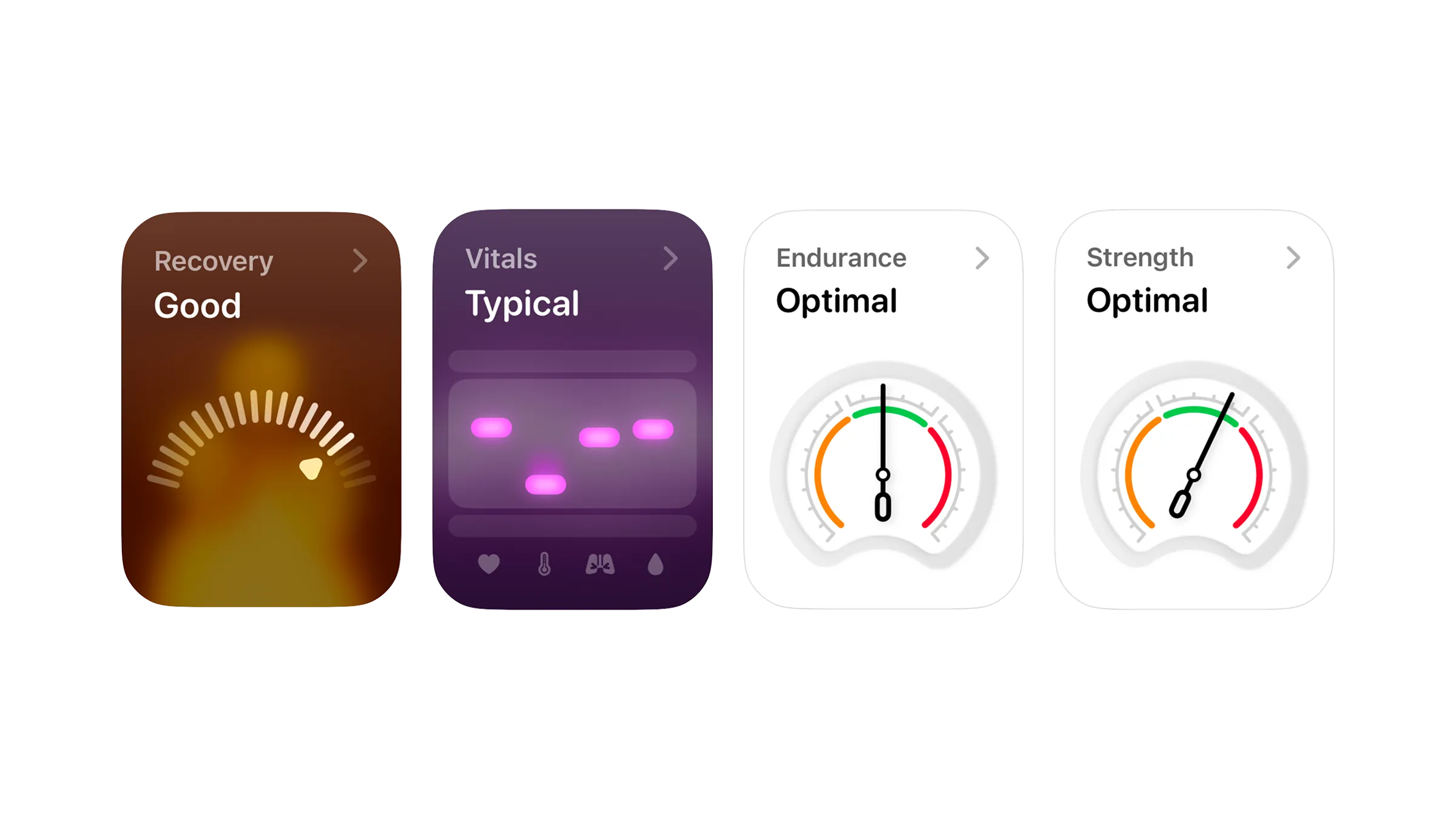 Four score cards: Recovery, Vitals, Endurance, and Strength, each showing a rating or gauge